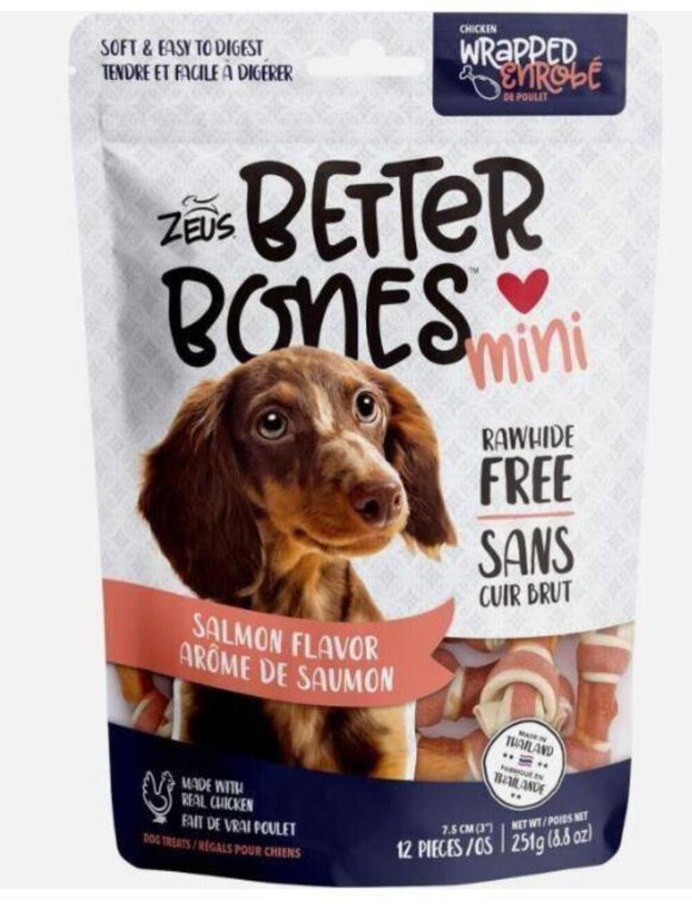 Better Bones Mini Dog Treats, Salmon 12 Pack - Rawhide Free Healthy Dog